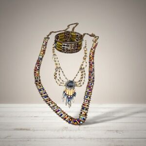 Boho Tribal Beaded Jewelry Set Necklaces & Cuff Bracelet Multicolor Mixed Metal